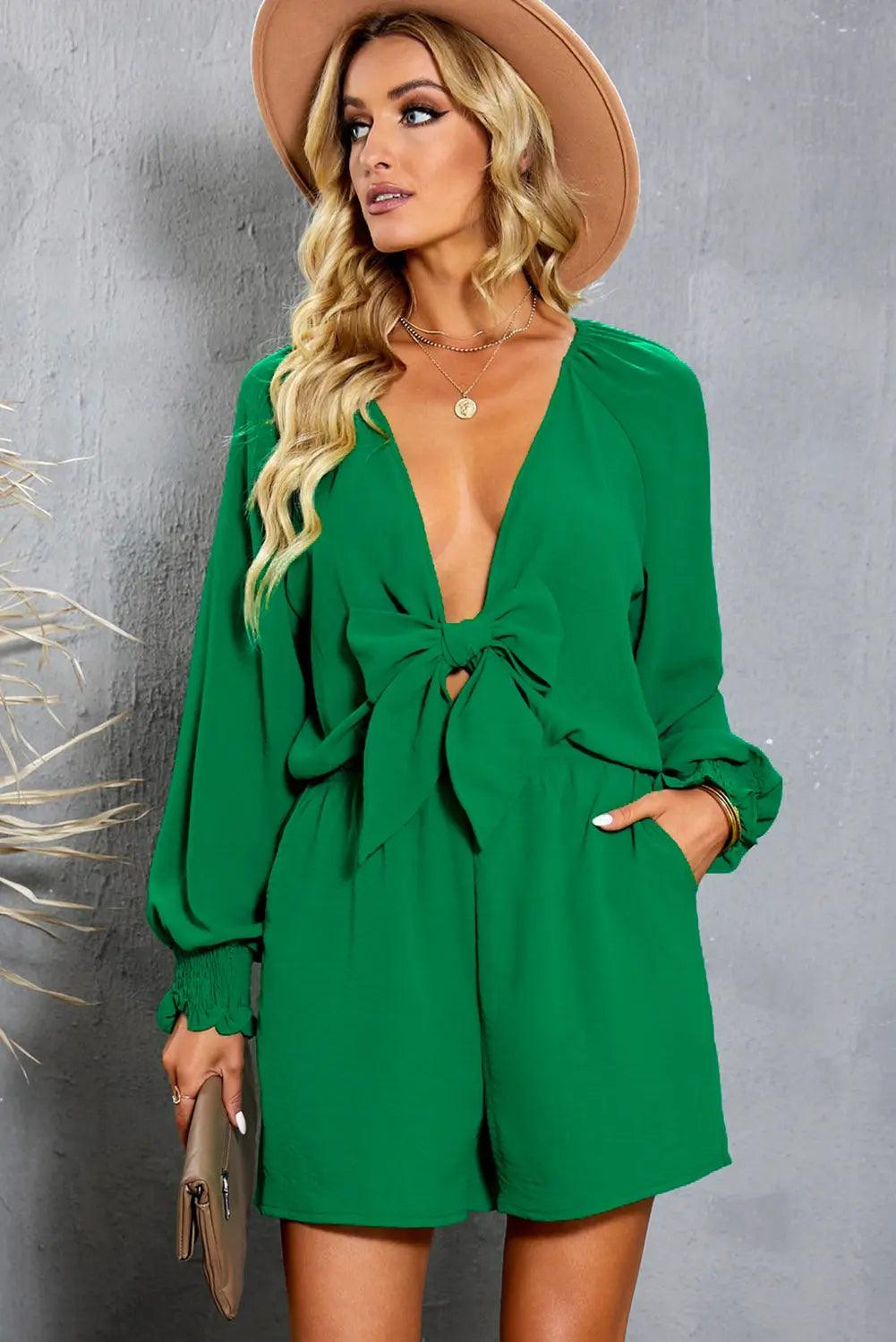 Tied Flounce Sleeve Plunge Romper.