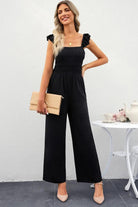 Smocked Square Neck Wide Leg Jumpsuit with Pockets.