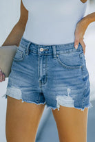 Frayed Hem Distressed Denim Shorts with Pockets.