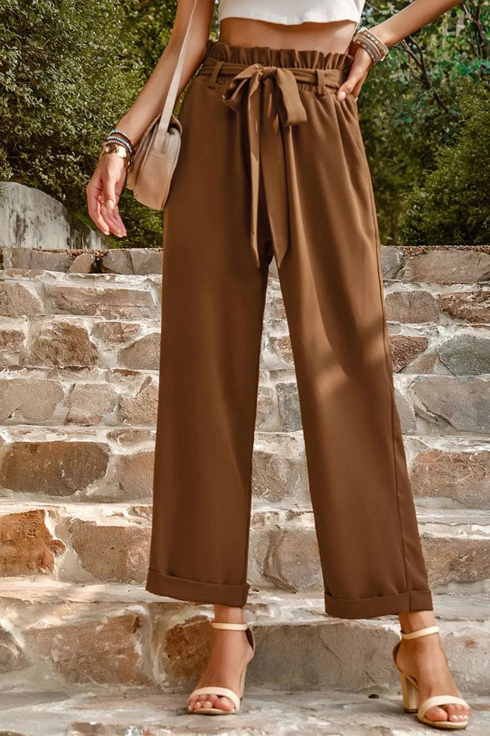 Tie Belt Paperbag Waist Straight Leg Pants - Elena Rae Co.