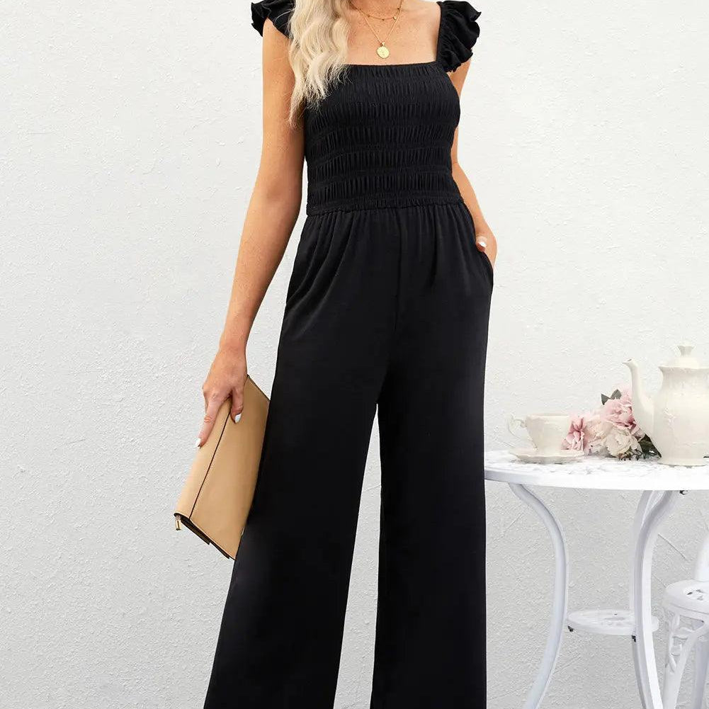Smocked Square Neck Wide Leg Jumpsuit with Pockets.