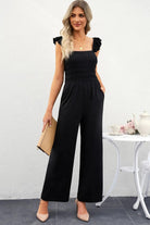 Smocked Square Neck Wide Leg Jumpsuit with Pockets.