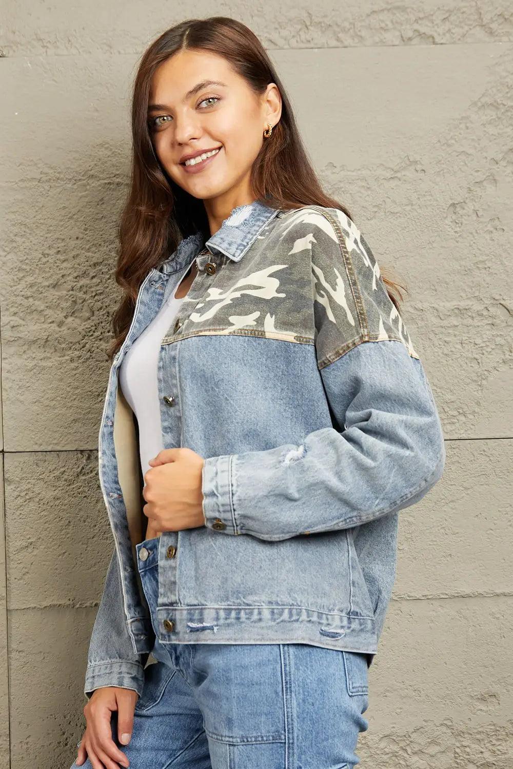 GeeGee Full Size Washed Denim Camo Contrast Jacket - Elena Rae Co.