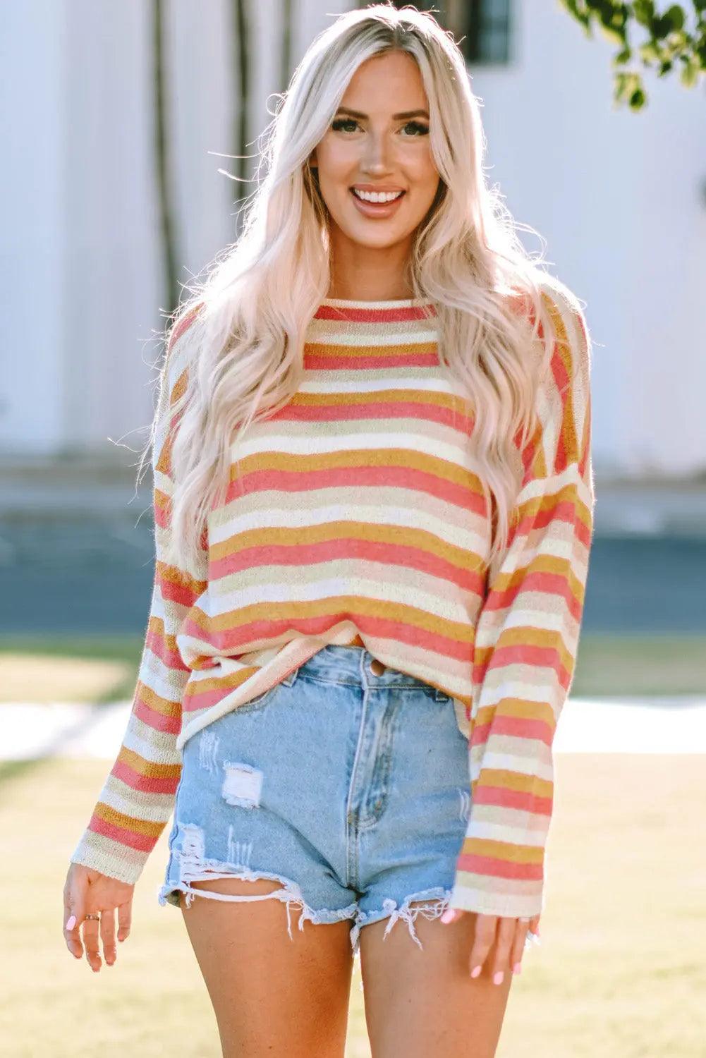 Striped Round Neck Dropped Shoulder Pullover Sweater - Elena Rae Co.