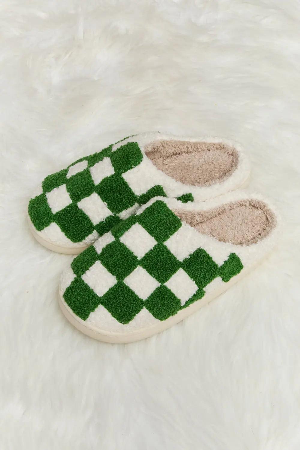 Melody Checkered Print Plush Slide Slippers - Elena Rae Co.