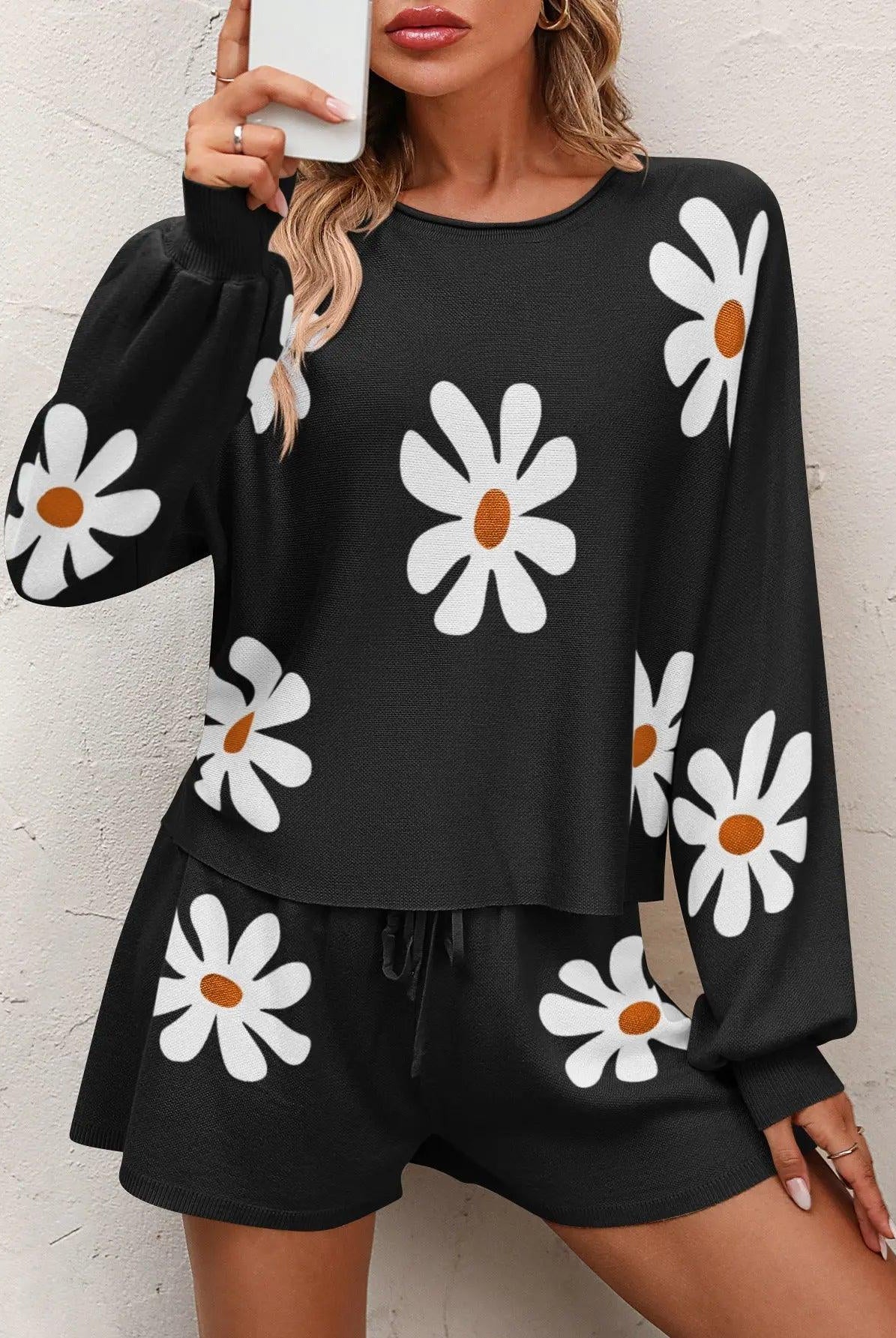 Floral Print Raglan Sleeve Knit Top and Tie Front Sweater Shorts Set - Elena Rae Co.