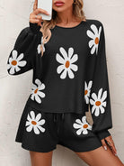 Floral Print Raglan Sleeve Knit Top and Tie Front Sweater Shorts Set - Elena Rae Co.