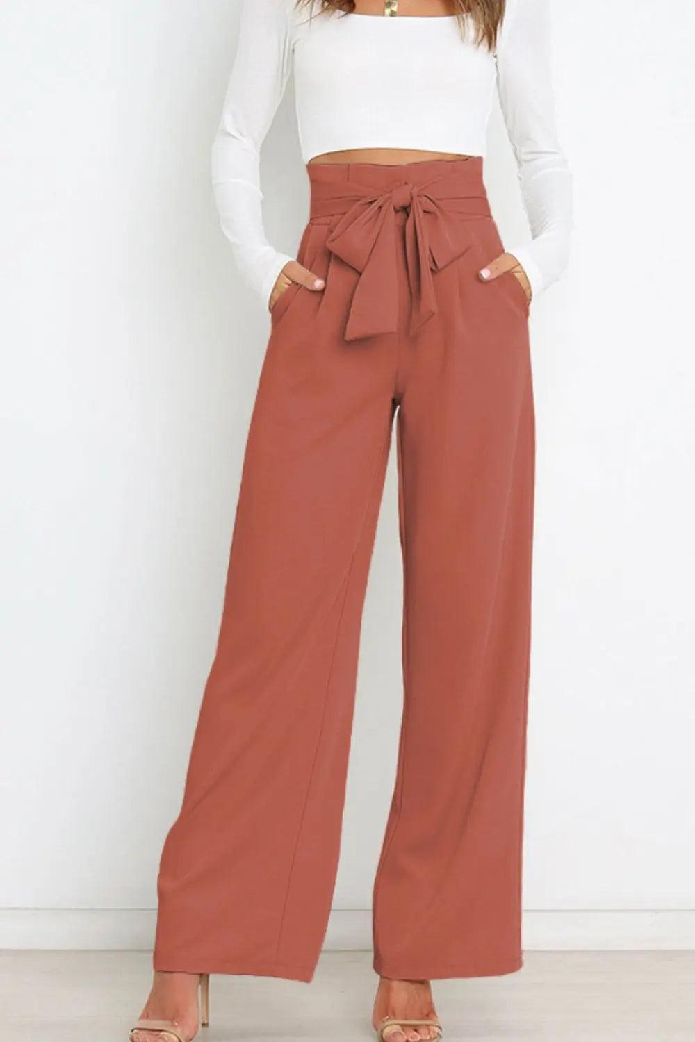 Tie Front Paperbag Wide Leg Pants - Elena Rae Co.