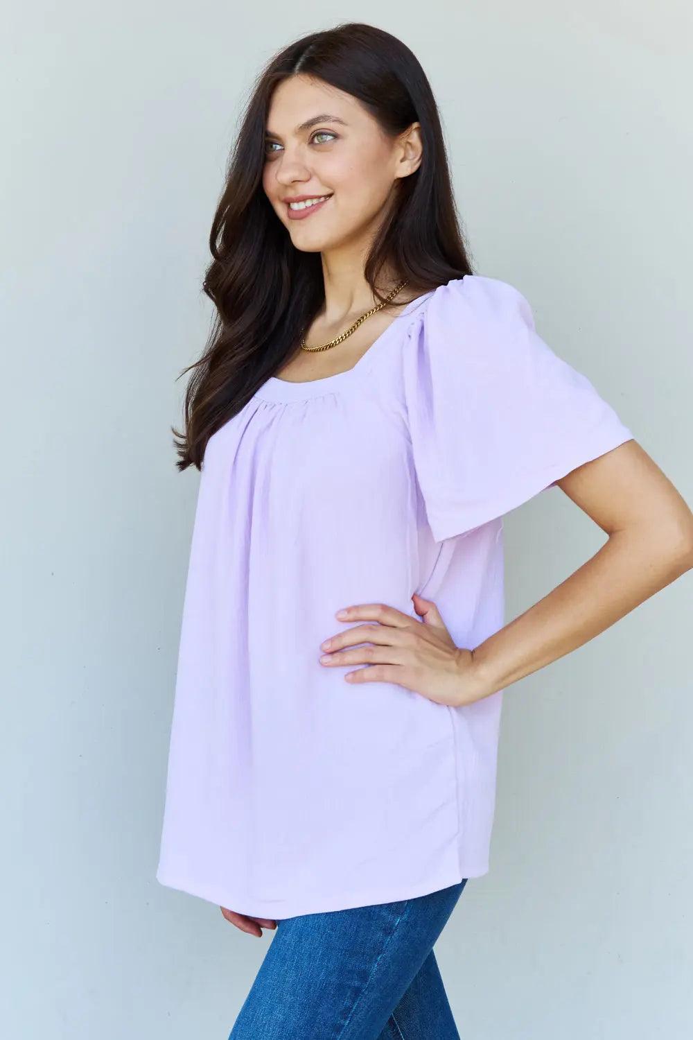 Ninexis Keep Me Close Square Neck Short Sleeve Blouse in Lavender - Elena Rae Co.