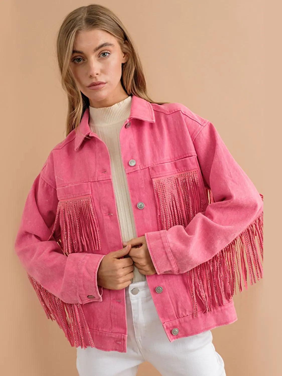 Fringe Detail Dropped Shoulder Denim Jacket - Elena Rae Co.