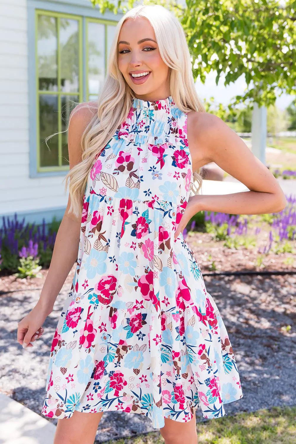 Floral Mock Neck Sleeveless Tiered Dress - Elena Rae Co.