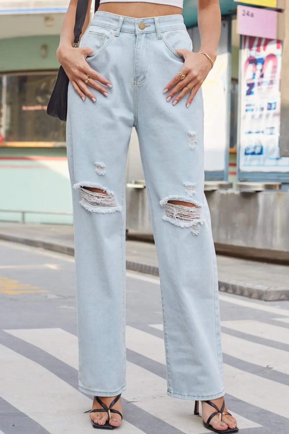 Distressed Straight Leg Jeans with Pockets.