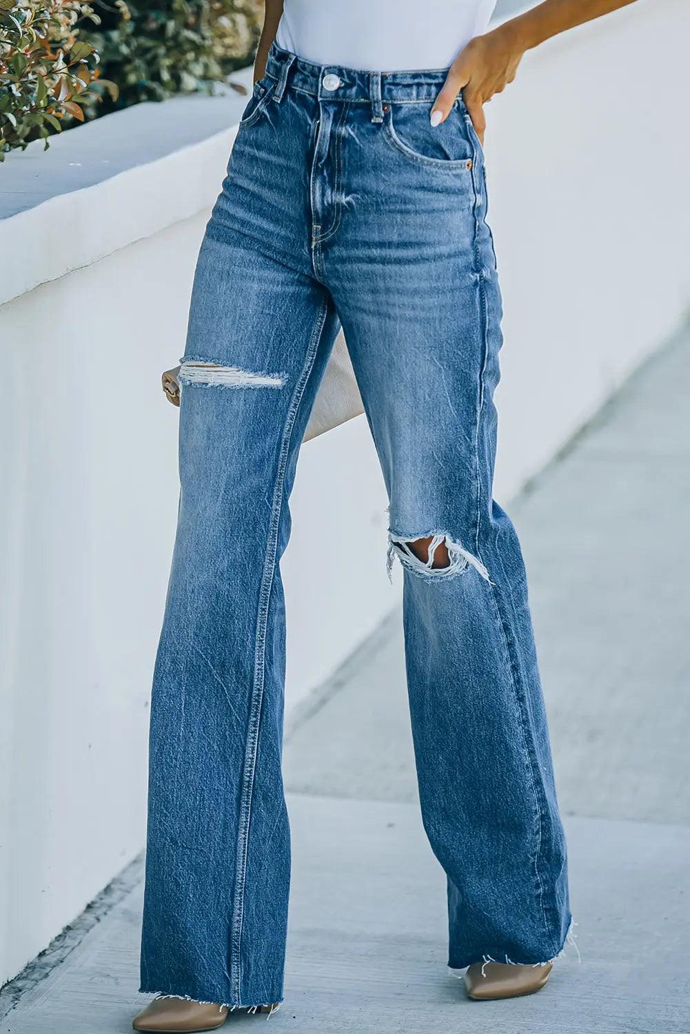 High-Rise Distressed Raw Hem Jeans - Elena Rae Co.