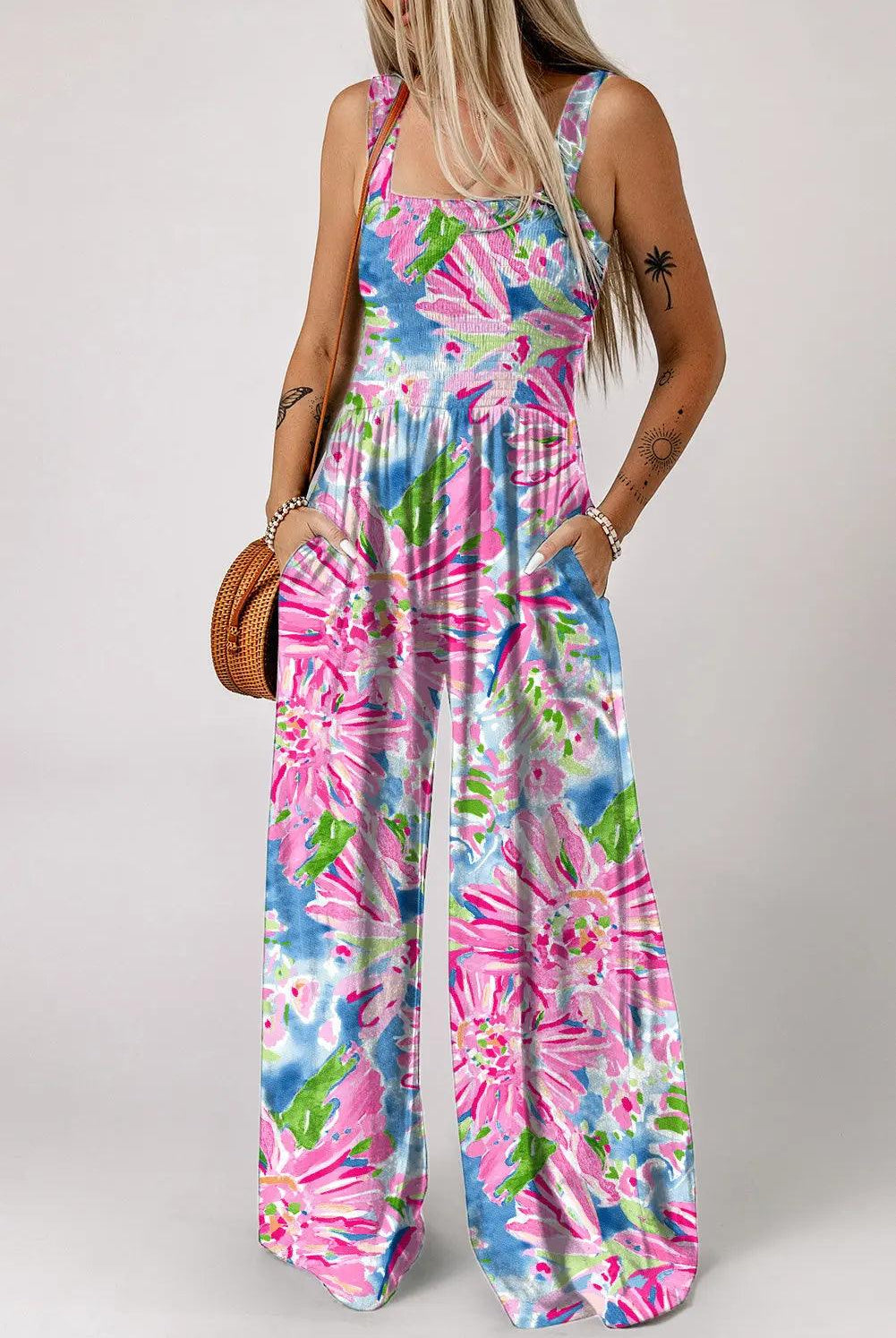 Floral Smocked Square Neck Jumpsuit with Pockets - Elena Rae Co.