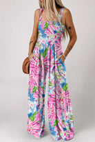 Floral Smocked Square Neck Jumpsuit with Pockets - Elena Rae Co.