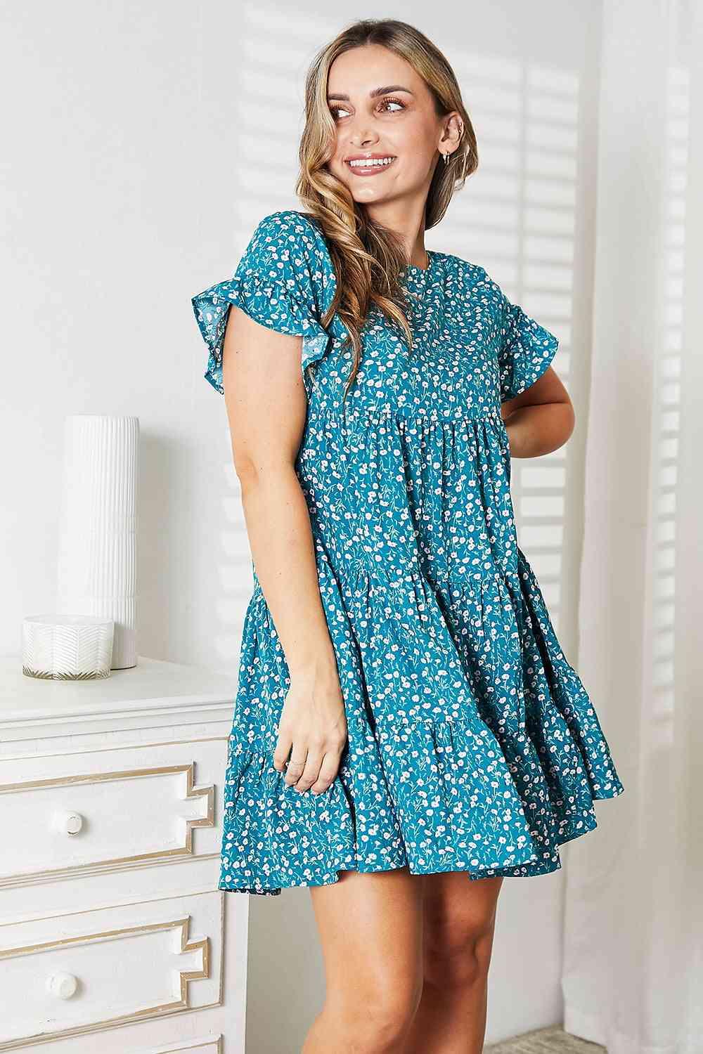 Double Take Short Flounce Sleeve Tiered Dress - Elena Rae Co.