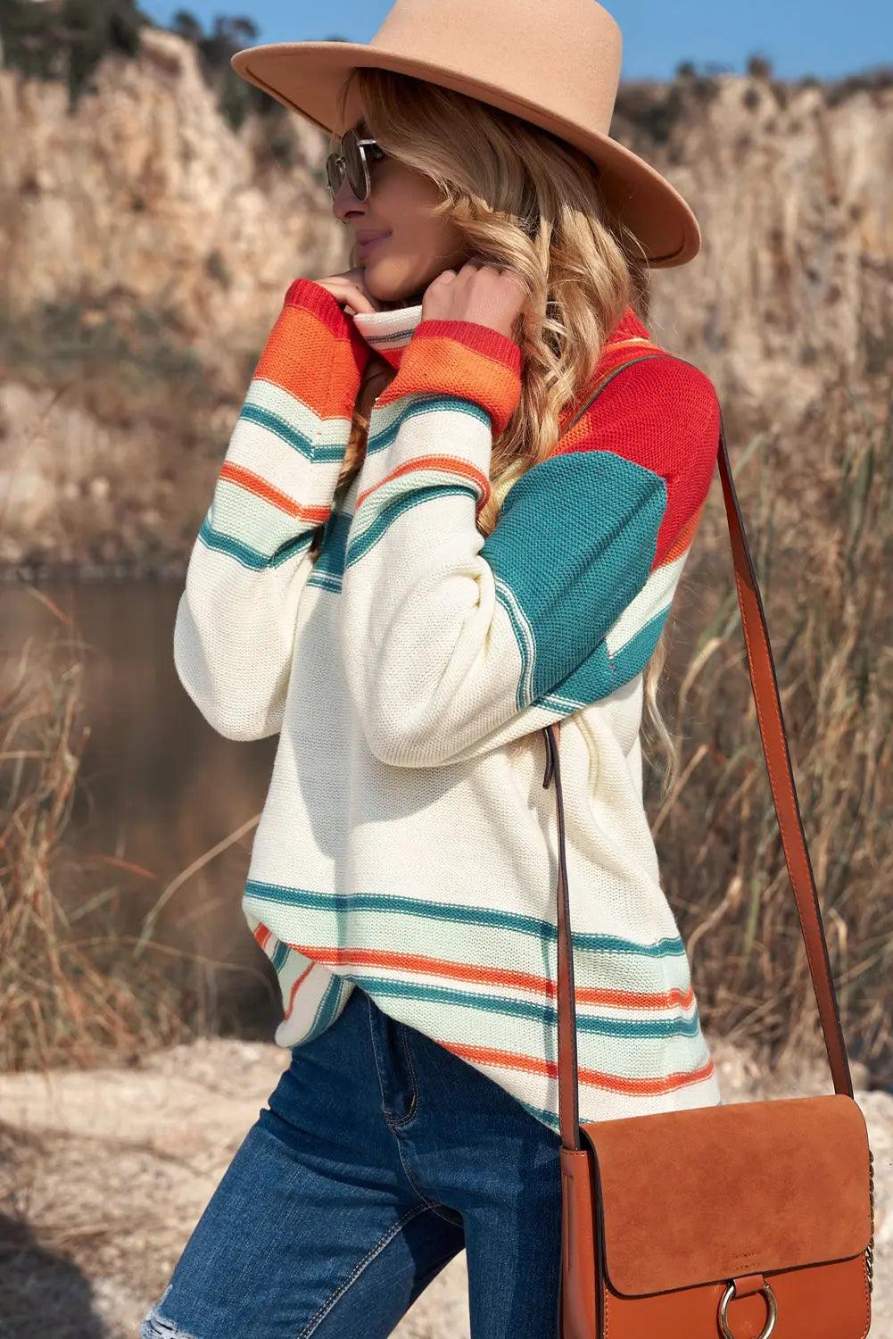 Striped Turtleneck Drop Shoulder Sweater - Elena Rae Co.