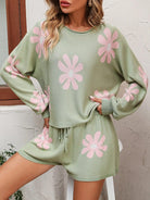 Floral Print Raglan Sleeve Knit Top and Tie Front Sweater Shorts Set - Elena Rae Co.