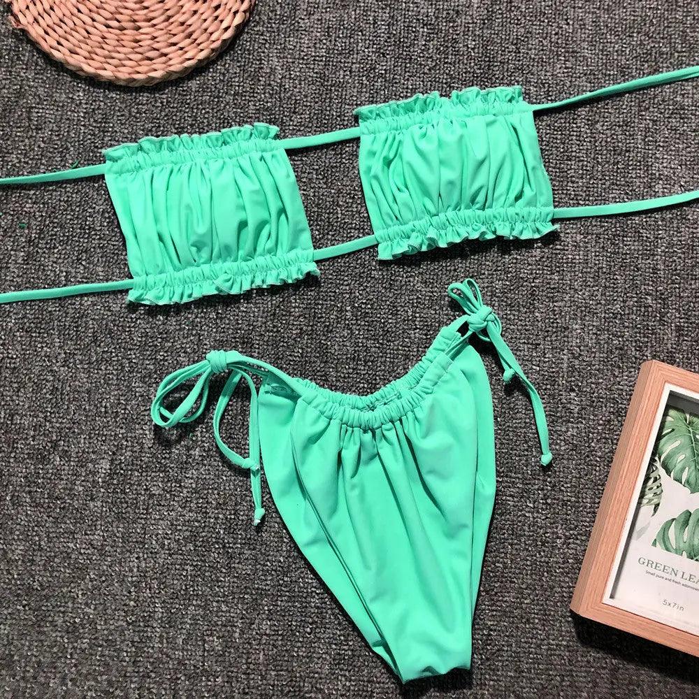 Frill Trim Ruched Bikini Set.