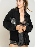 Sequin Detail Long Sleeve Denim Jacket - Elena Rae Co.