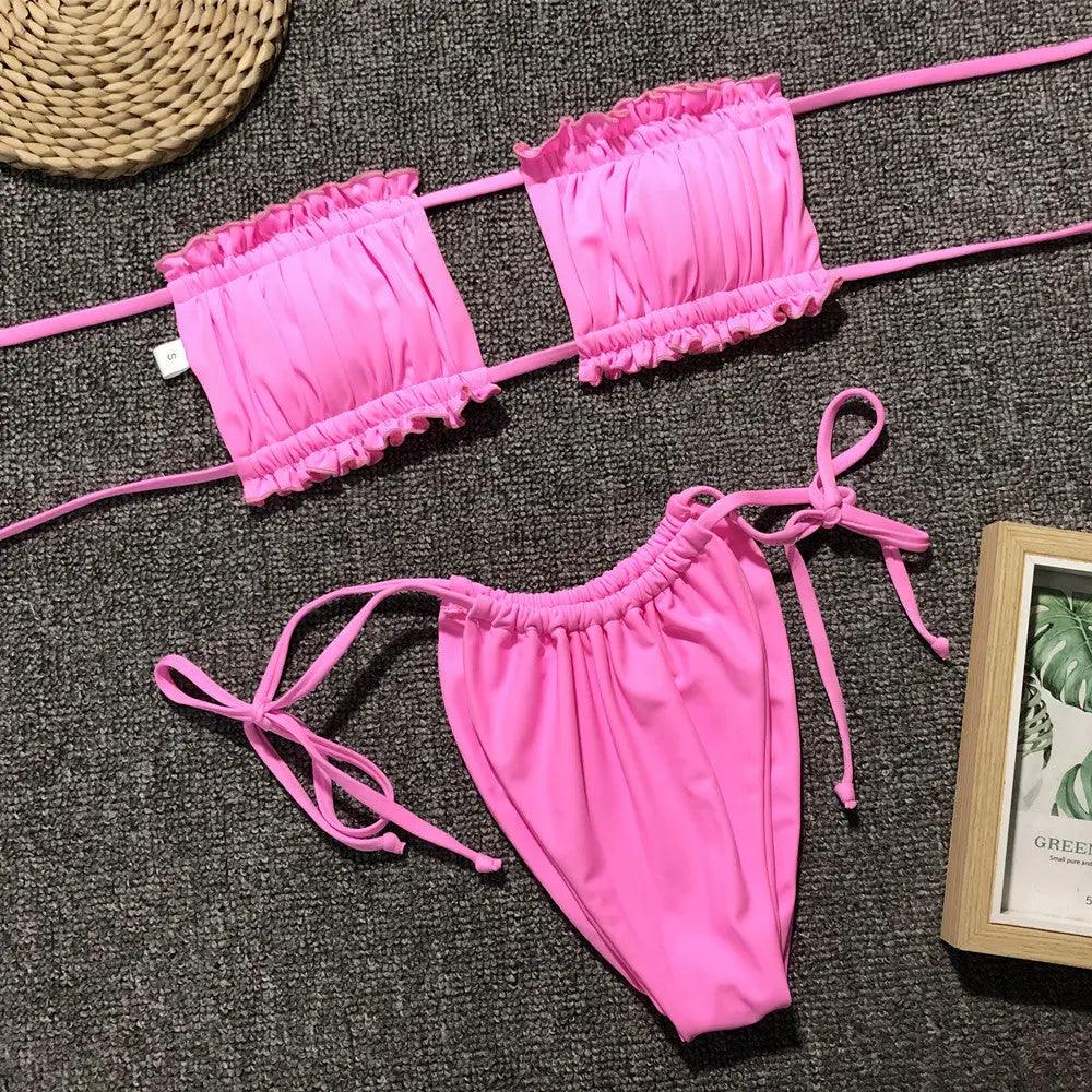 Frill Trim Ruched Bikini Set.