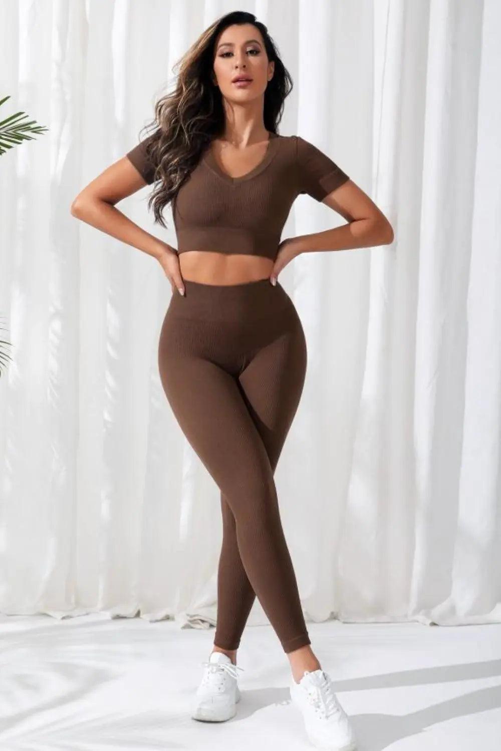 V-Neck Crop Top and High Waistband Long Active Pants - Elena Rae Co.