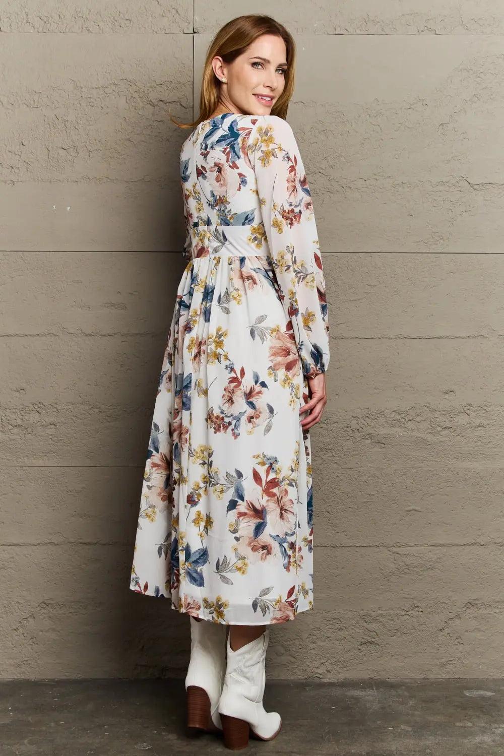 OneTheLand Good Day Chiffon Floral Midi Dress - Elena Rae Co.