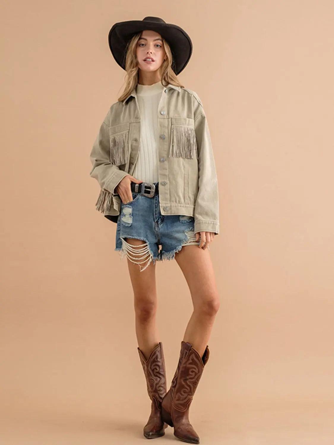 Fringe Detail Dropped Shoulder Denim Jacket - Elena Rae Co.