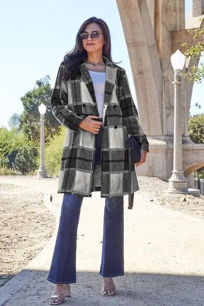 Double Take Full Size Plaid Button Up Lapel Collar Coat - Elena Rae Co.