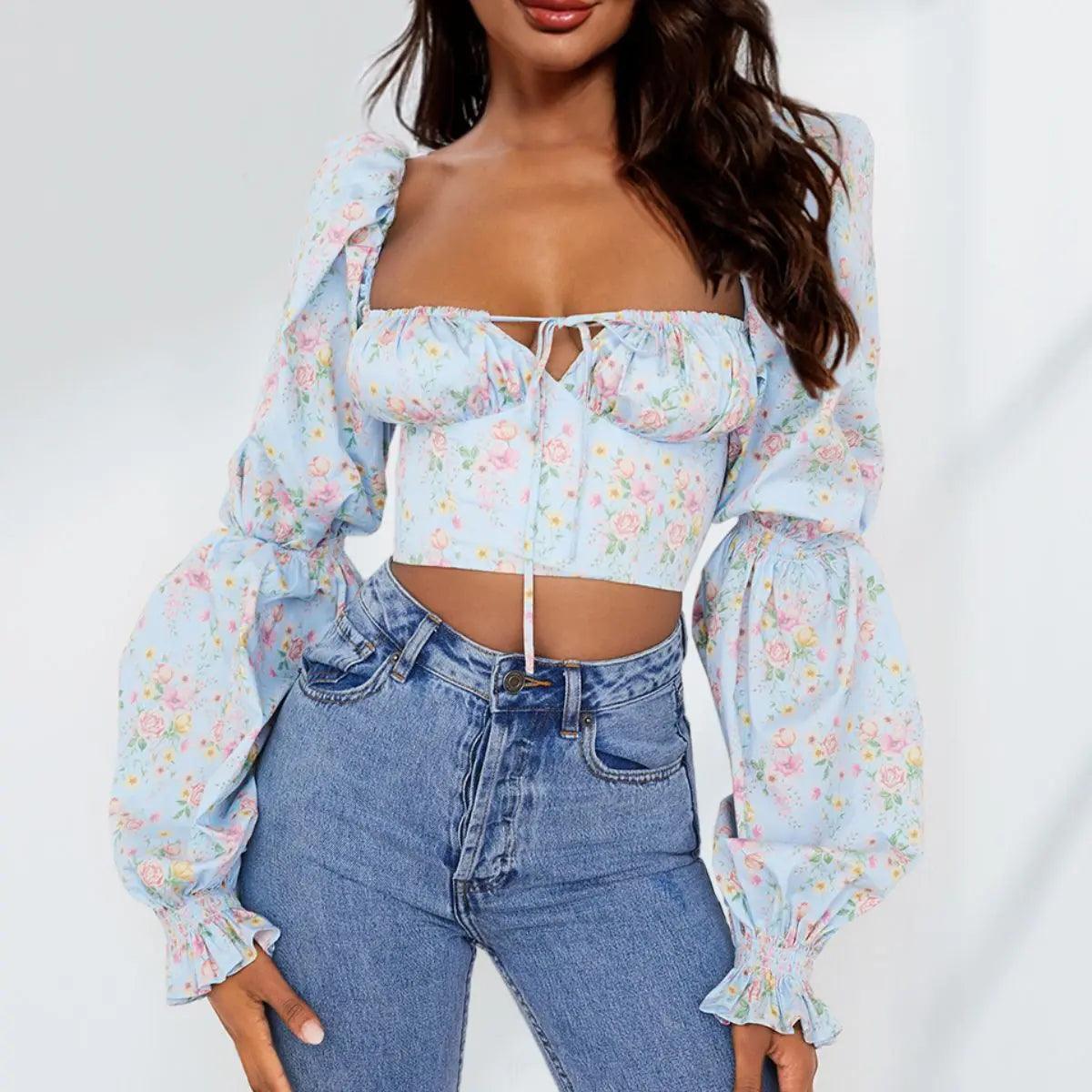 Cropped Sweetheart Neck Bubble Sleeve Blouse - Elena Rae Co.