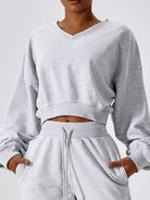 V-Neck Dropped Shoulder Sports Sweatshirt - Elena Rae Co.