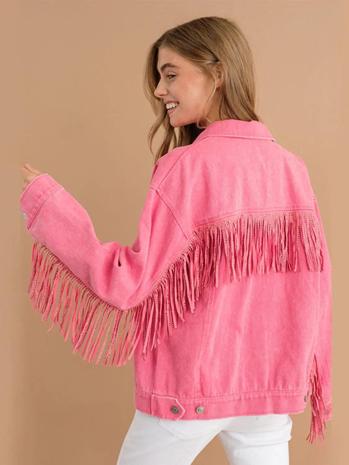 Fringe Detail Dropped Shoulder Denim Jacket - Elena Rae Co.