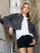 Cropped Collared Neck Dropped Shoulder Denim Jacket - Elena Rae Co.