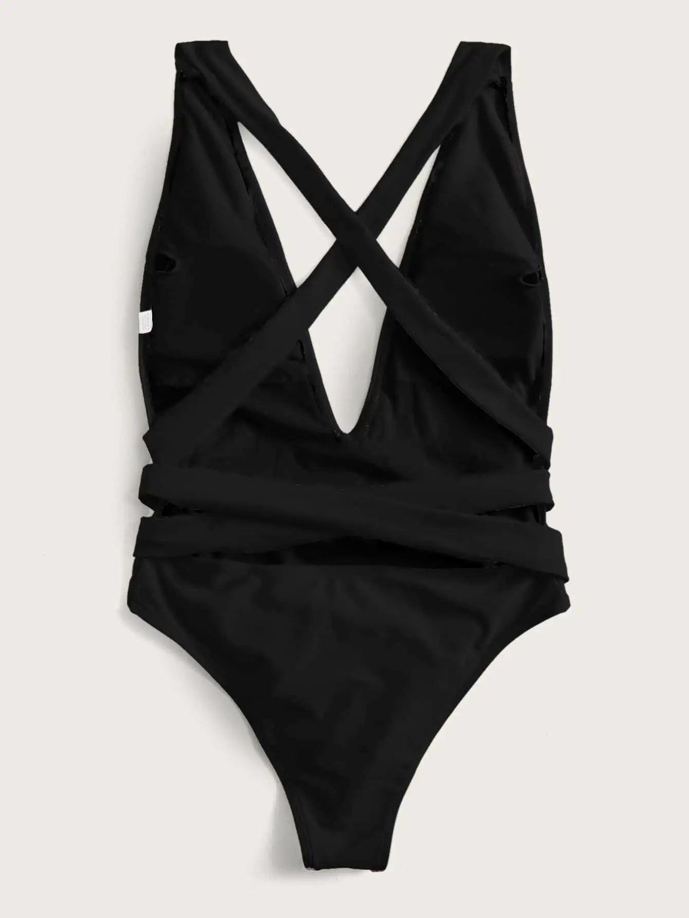 Halter Neck Deep V Tied One-Piece Swimsuit.