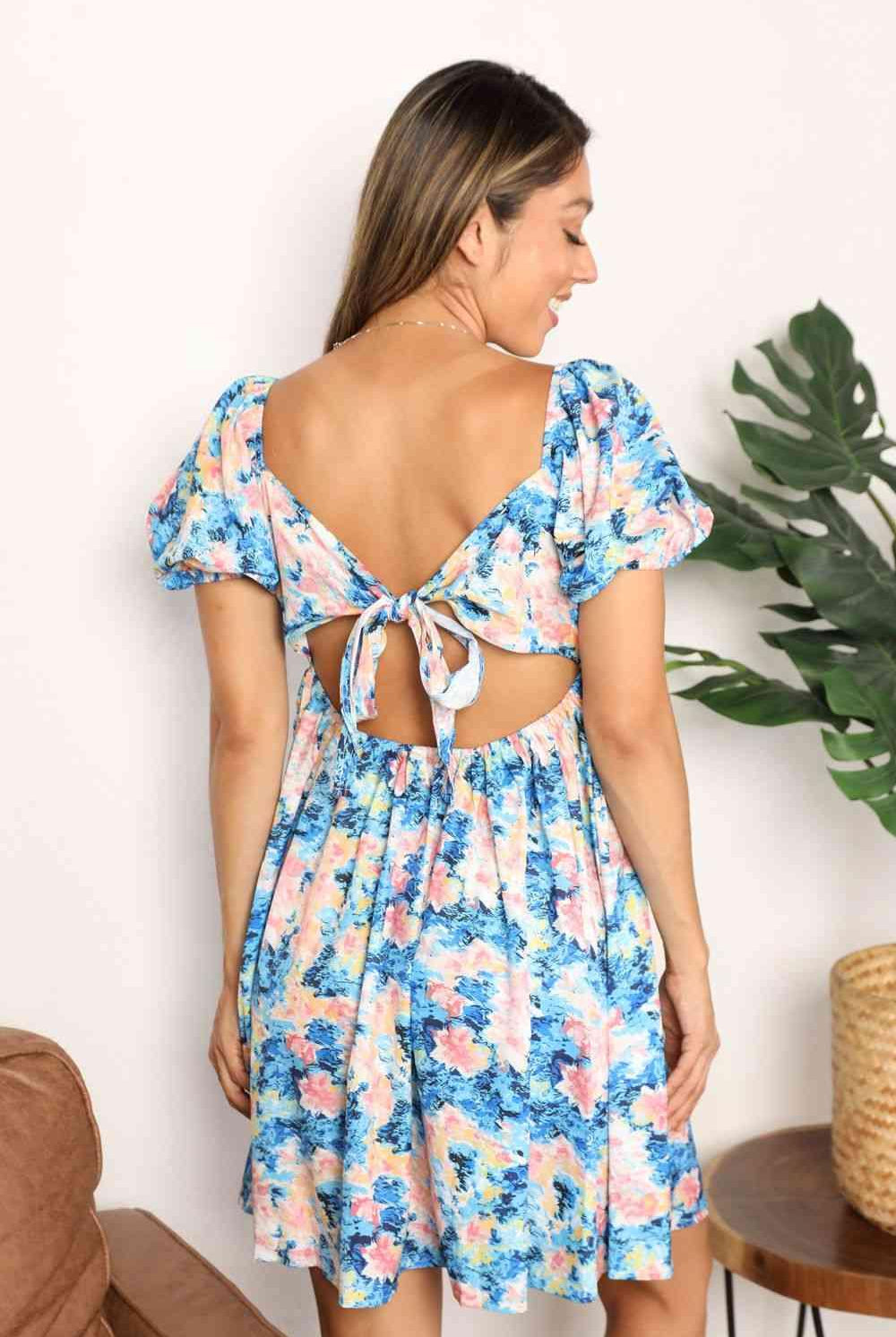 Double Take Floral Square Neck Puff Sleeve Dress - Elena Rae Co.