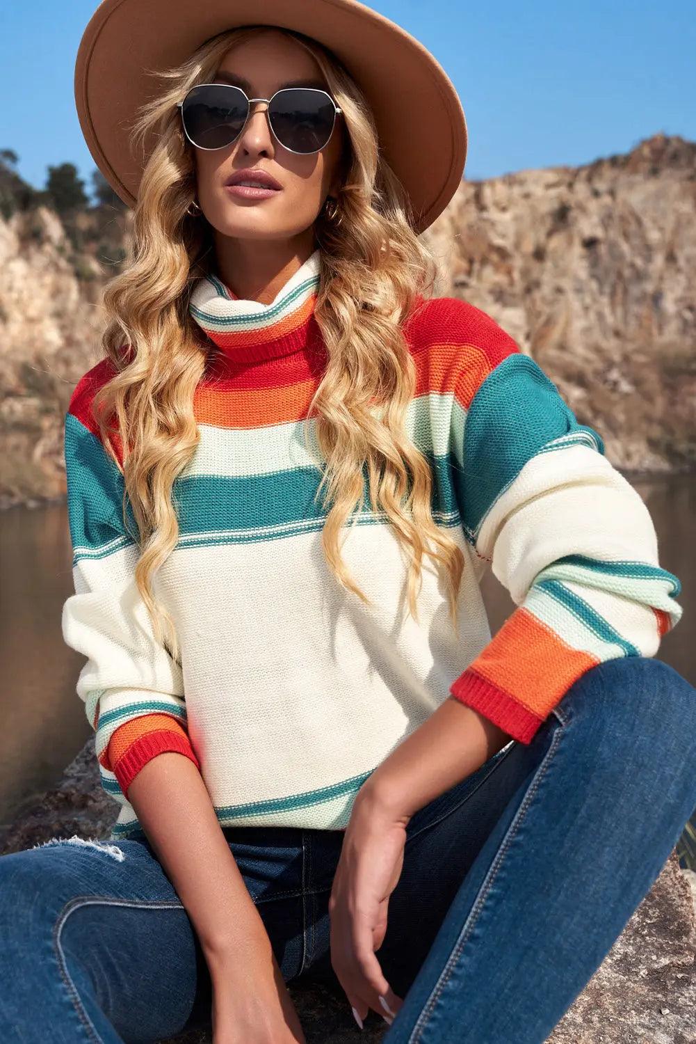 Striped Turtleneck Drop Shoulder Sweater - Elena Rae Co.