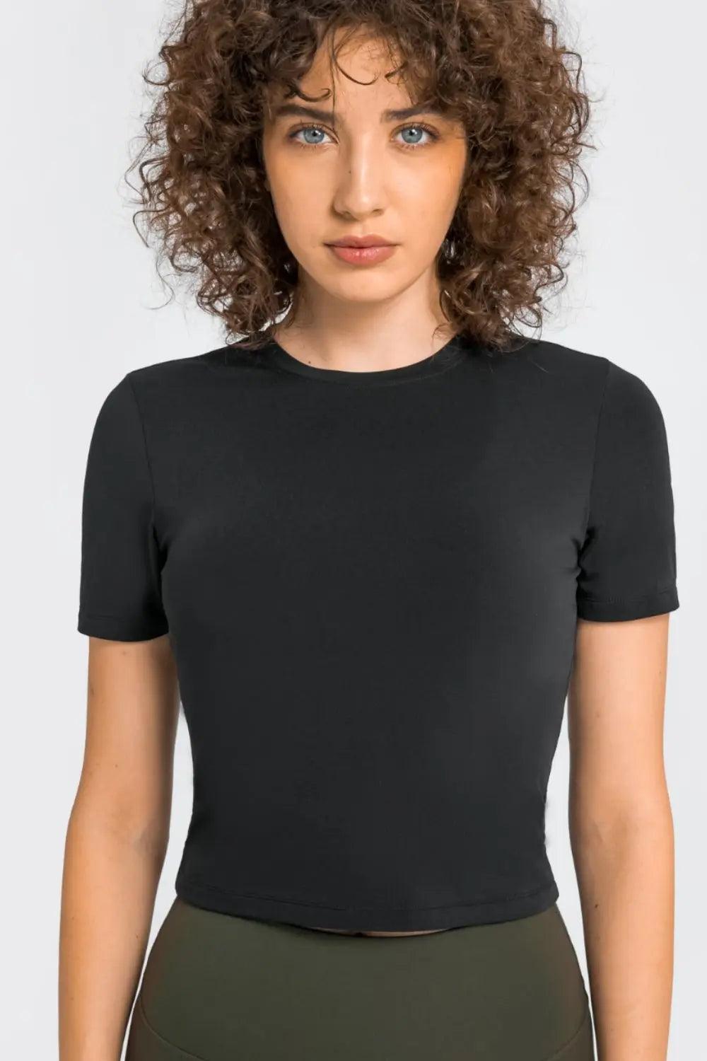 Round Neck Short Sleeve Yoga Tee - Elena Rae Co.