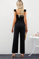 Smocked Square Neck Wide Leg Jumpsuit with Pockets.