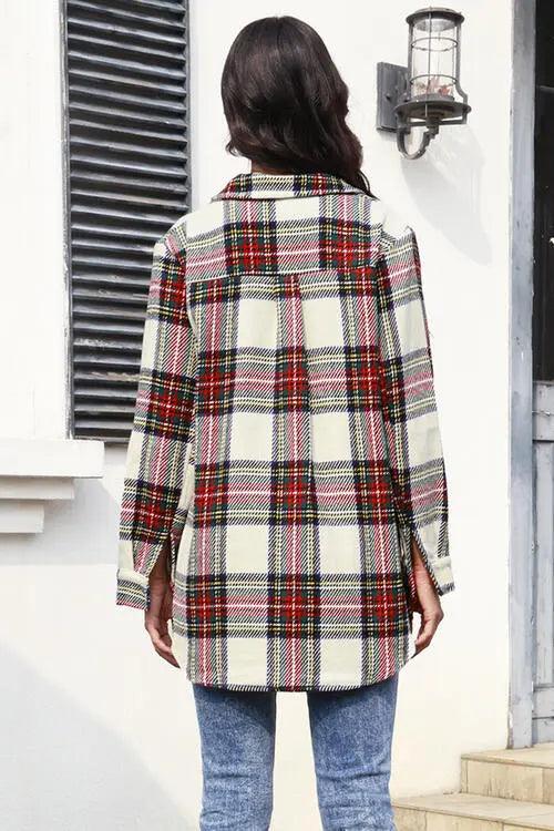 Plaid Button Up Collared Neck Shacket - Elena Rae Co.