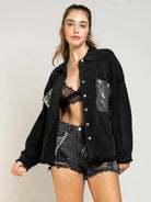 Sequin Detail Long Sleeve Denim Jacket - Elena Rae Co.