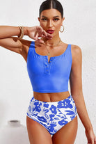 Half Snap Square Neck Tankini Set.