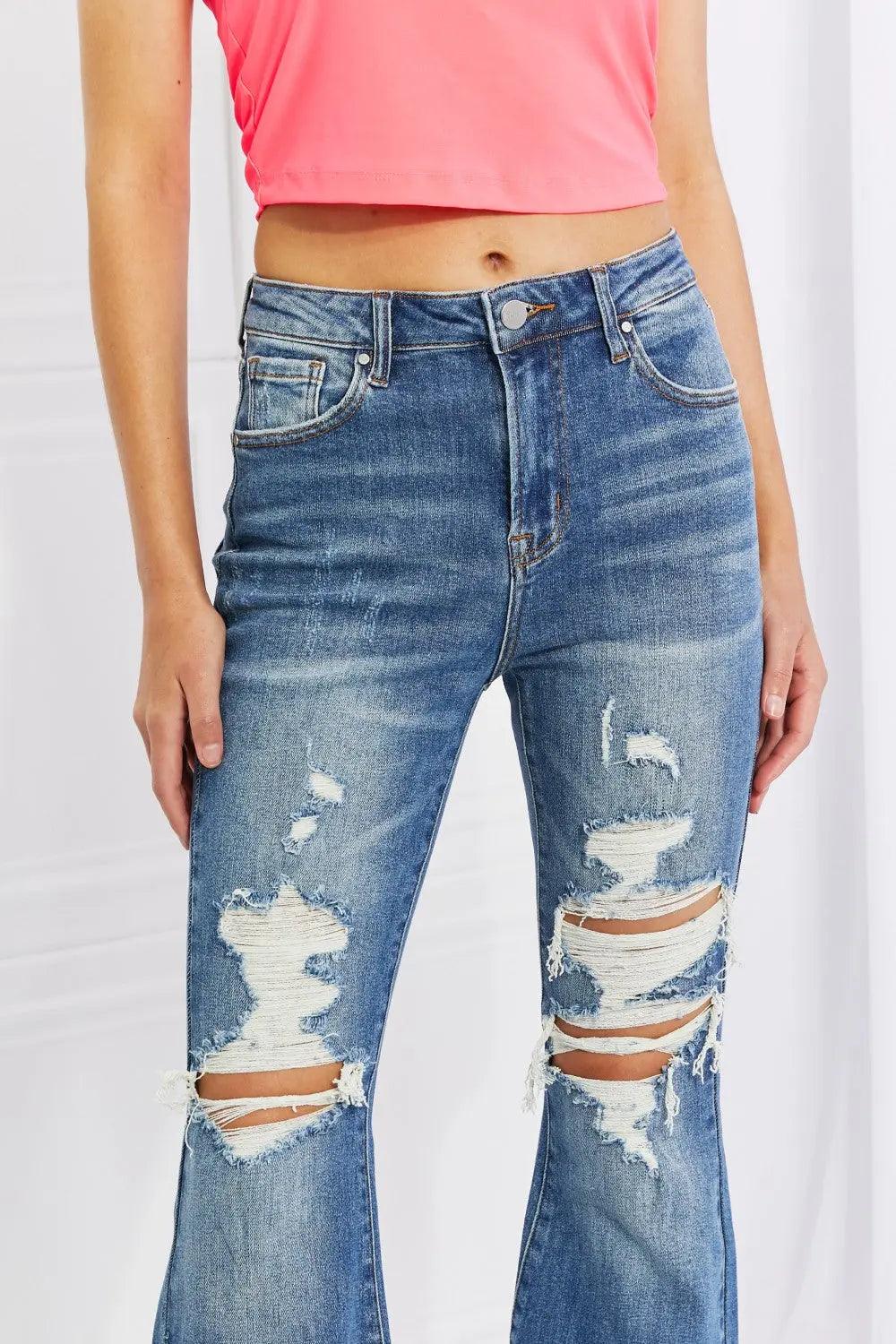 RISEN Full Size Hazel High Rise Distressed Flare Jeans.