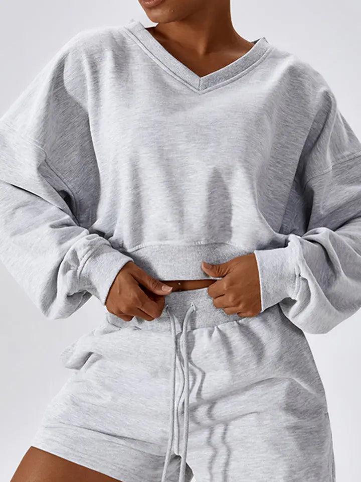 V-Neck Dropped Shoulder Sports Sweatshirt - Elena Rae Co.