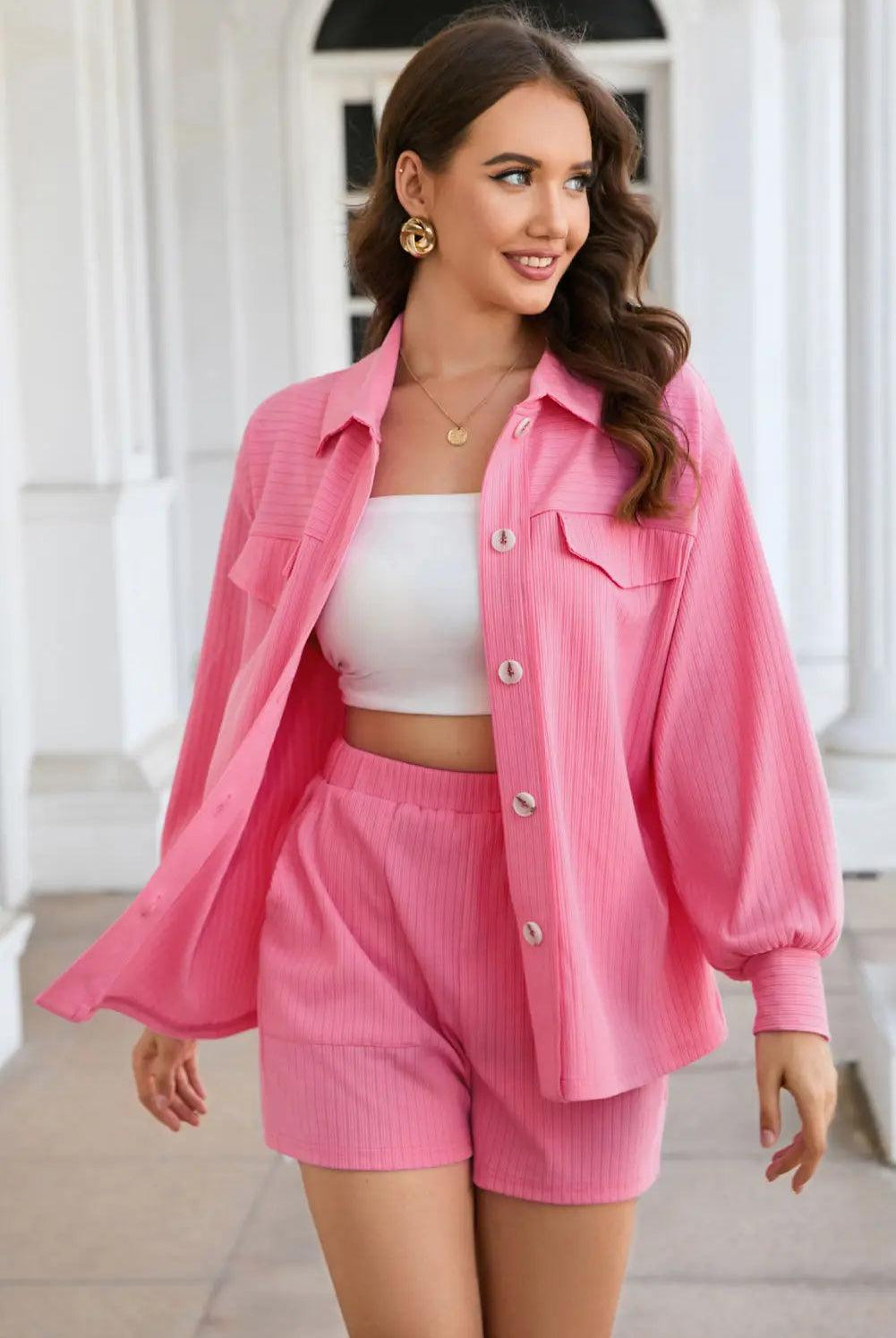 Button Down Collared Jacket and Shorts Set - Elena Rae Co.