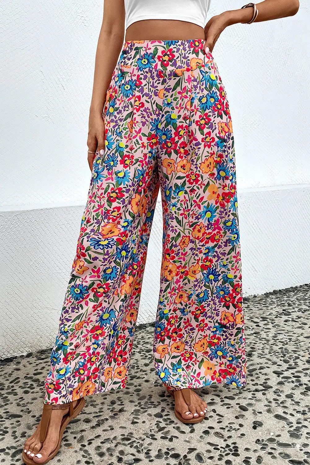 Floral Print Wide Leg Long Pants - Elena Rae Co.