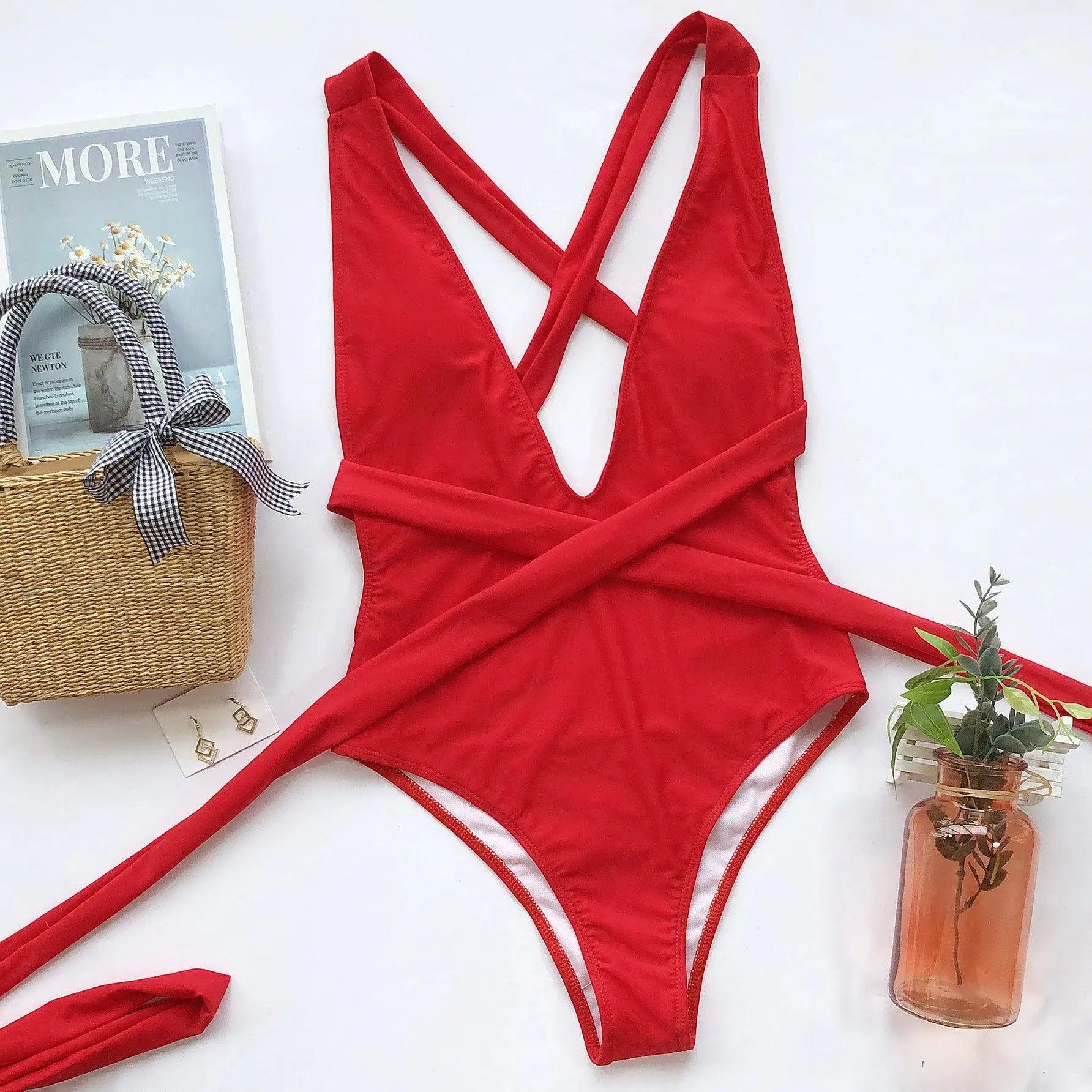 Halter Neck Deep V Tied One-Piece Swimsuit.