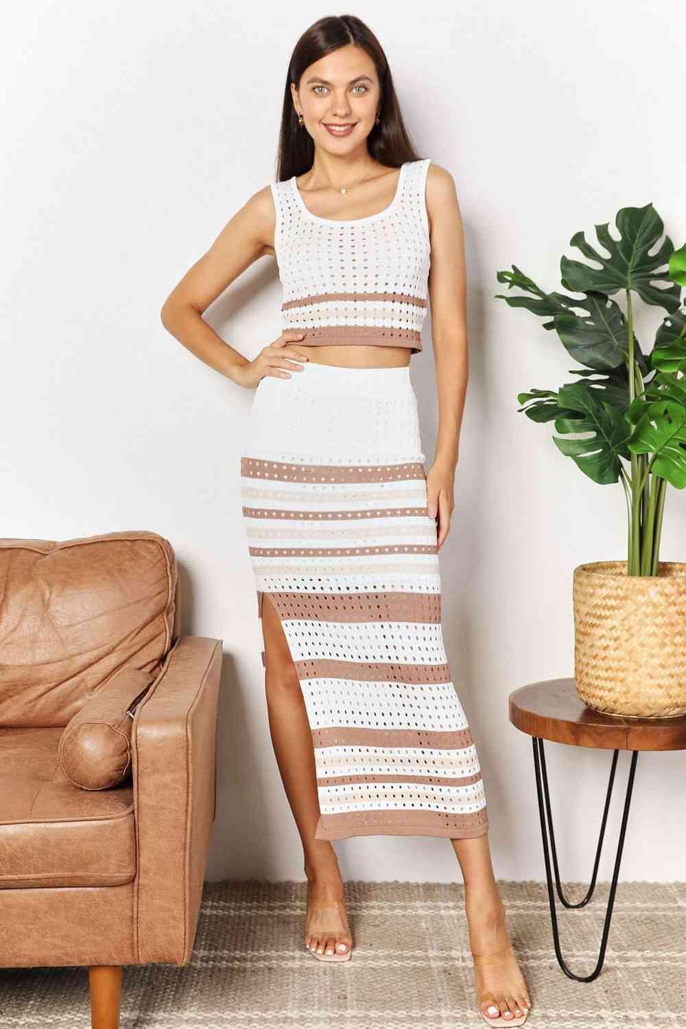 Double Take Striped Openwork Cropped Tank and Split Skirt Set - Elena Rae Co.