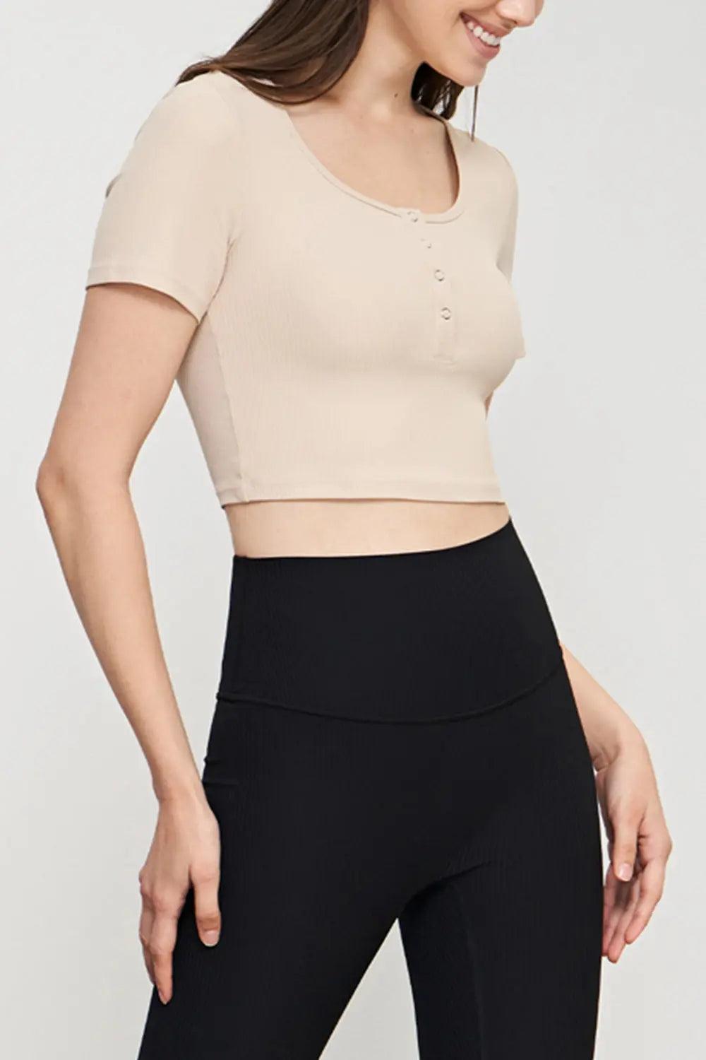 Round Neck Short Sleeve Cropped Sports Top - Elena Rae Co.