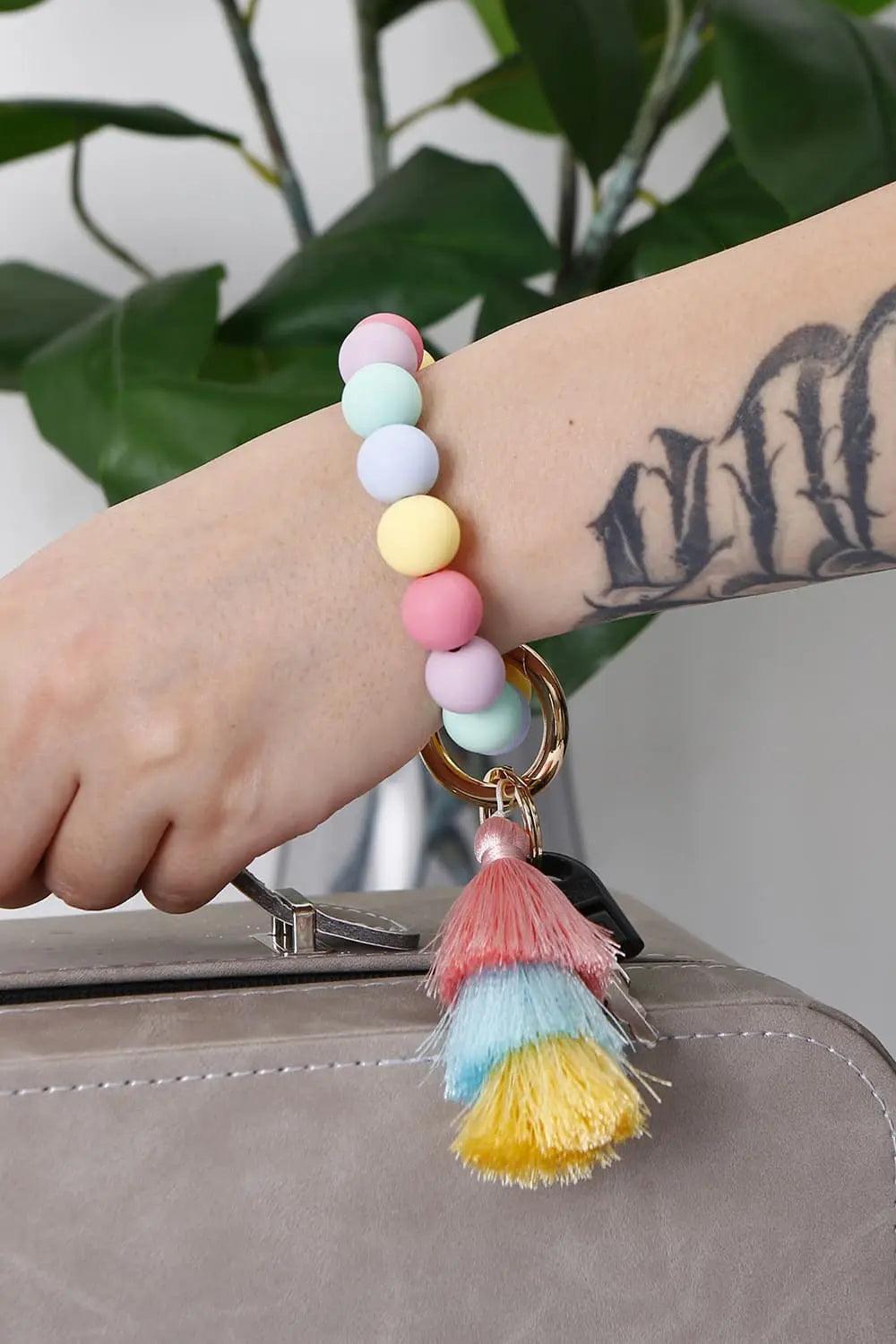 Silica Gel Bead Wristlet Keychain with Layered Tassels.