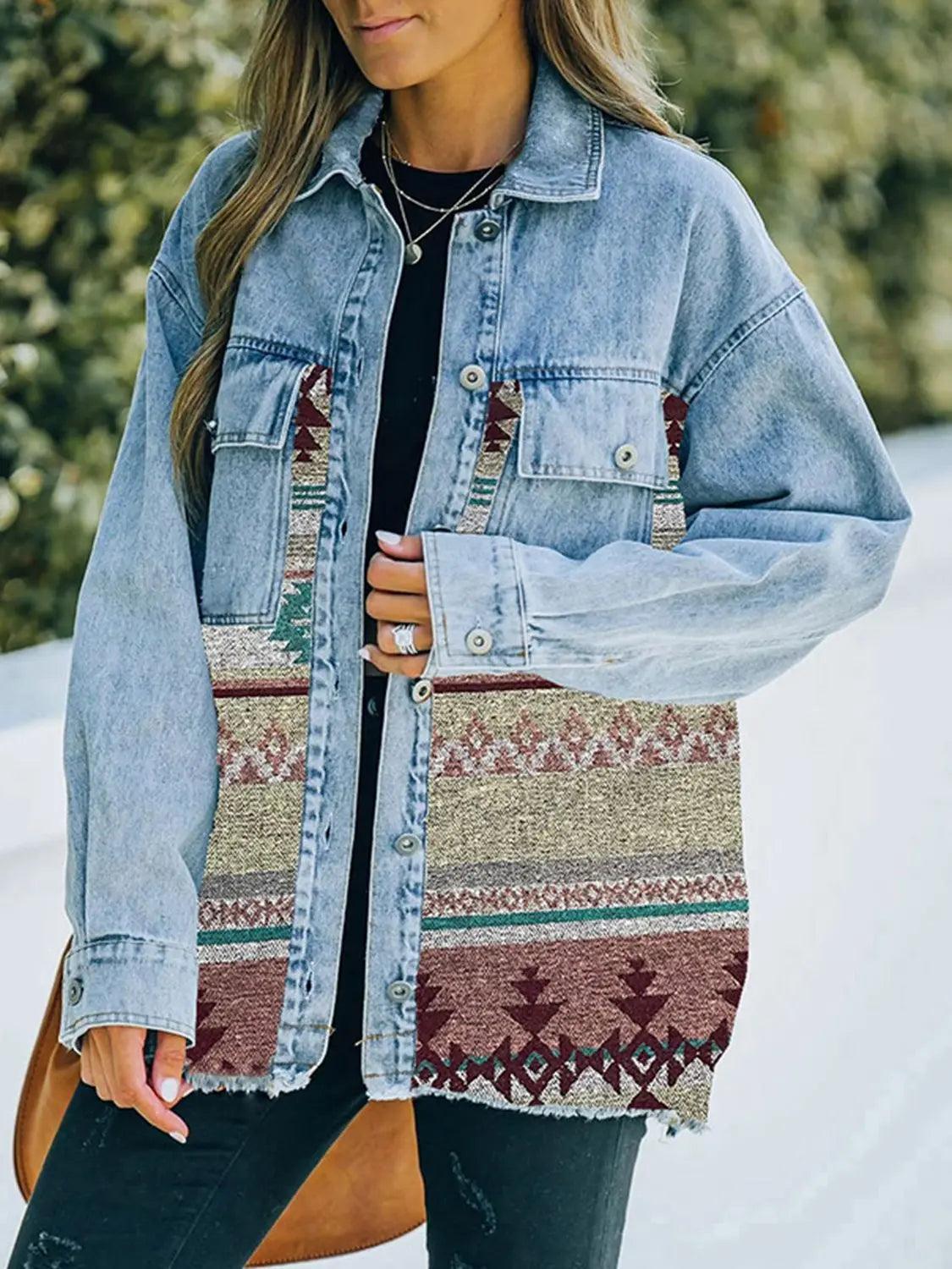 Collared Neck Dropped Shoulder Denim Jacket - Elena Rae Co.